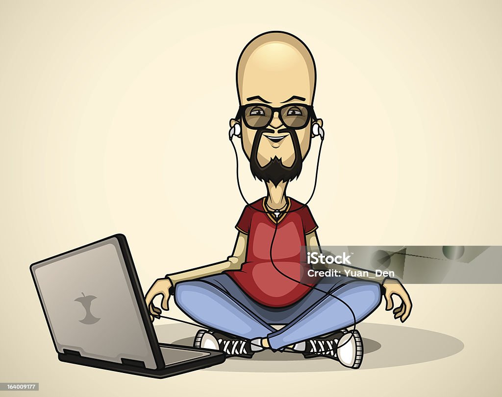 Usuario en camisa roja y gafas de sol con una computadora portátil meditates - arte vectorial de Adulto libre de derechos