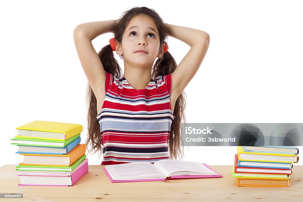 Menina cansada com pilha de livros - Foto de stock de Aberto royalty-free