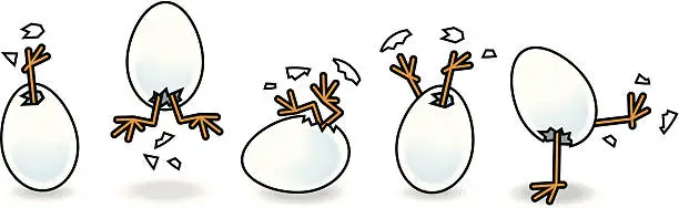 Vector illustration of Five Chicks Breaking out of Eggs