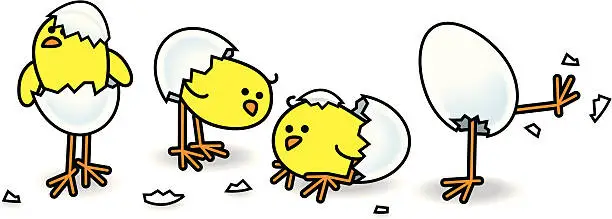 Vector illustration of Four Easter Chicks Hatching from Eggs