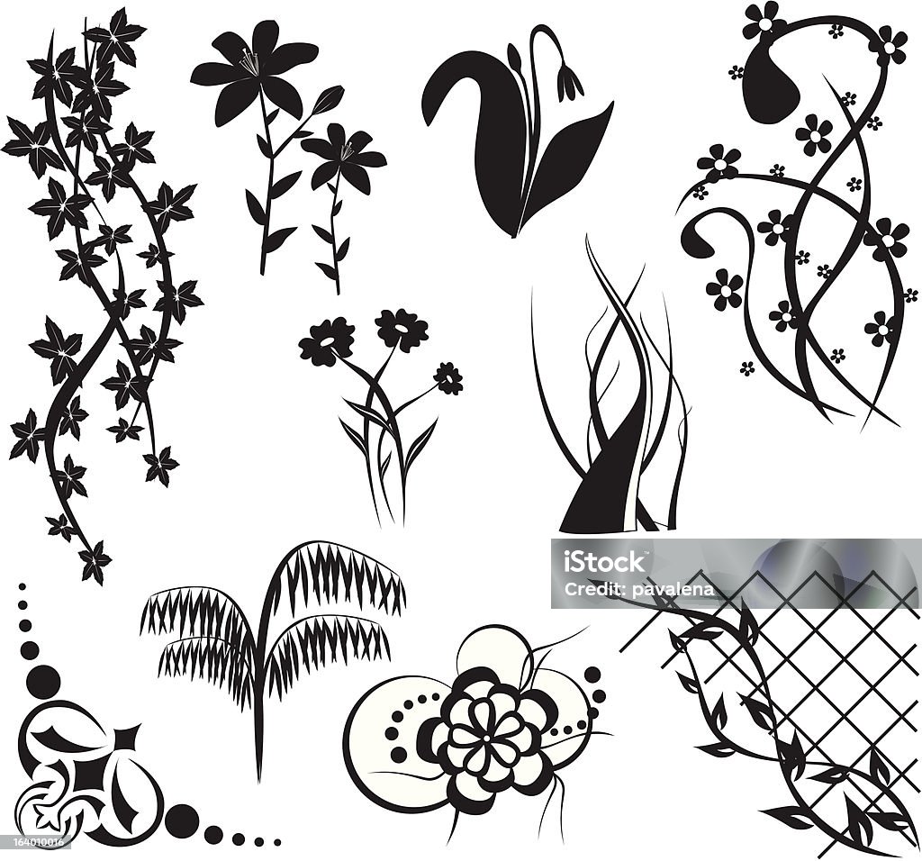 Elementi di design con motivo "flora" - arte vettoriale royalty-free di Angolo - Forma