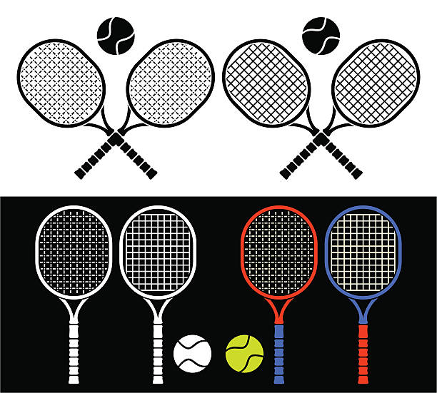 теннисные ракетки. - tennis tennis ball ball black background stock illustrations