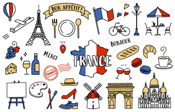 ilustrações de stock, clip art, desenhos animados e ícones de simple and cute illustration set related to france (tricolor) - paris france arc de triomphe france french culture