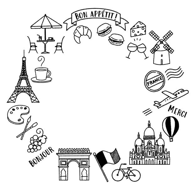 einfacher und niedlicher rahmen von illustrationen mit bezug zu frankreich (monochrom) - paris france arc de triomphe france french culture stock-grafiken, -clipart, -cartoons und -symbole