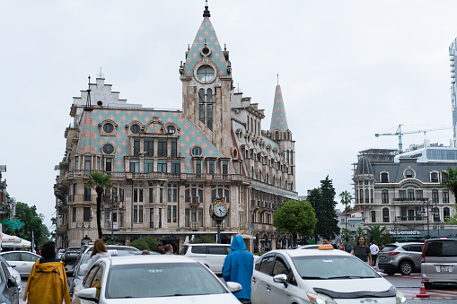Historical Building of Astronomical clock in Batumi on the rainy day