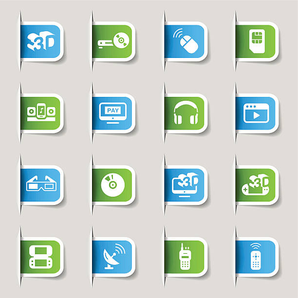 Label - Media and Technology Icons Vector illustration, Each icon is available in green and blue and can be used at any size. You can easily change the colors. Shadows could be moved or deleted. Files included: Vector EPS 10,  HD JPEG 5000 x 5000 px parabola stock illustrations