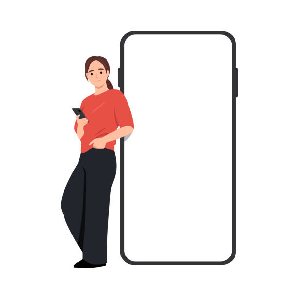 Happy Woman Leaning On Big Giant Smartphone With Empty White Display, Casual Female Holding Using Cell Phone, Browsing Website Advertising App. Happy Woman Leaning On Big Giant Smartphone With Empty White Display, Casual Female Holding Using Cell Phone, Browsing Website Advertising App. Flat vector illustration isolated on white background phone text message mockup stock illustrations
