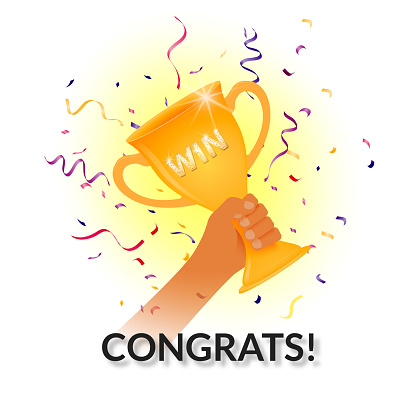 Prize cup in a hand. Win! Congrats! Vector illustration.