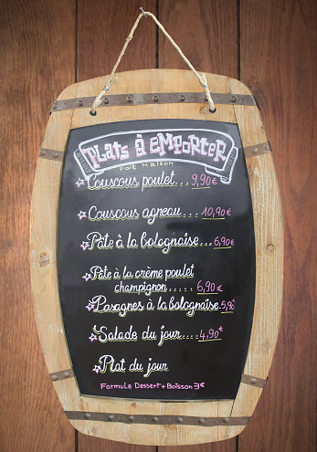 Takeaway  Menu handwriting on a slate in French language
