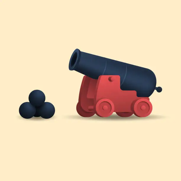 Vector illustration of An ancient cannon with cannonballs. Medieval weapons.