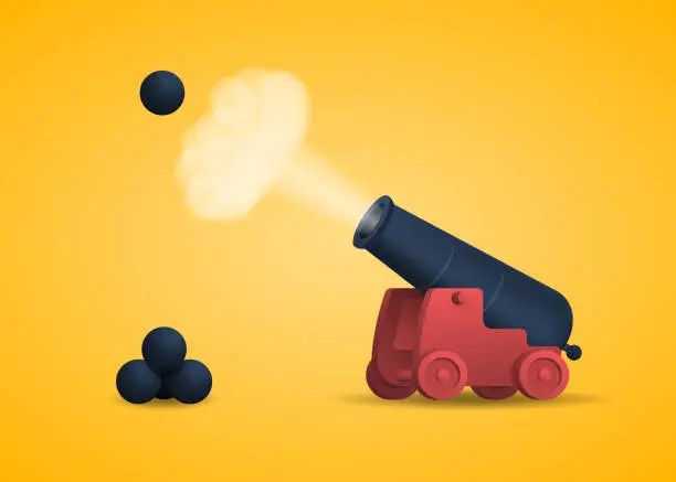 Vector illustration of An ancient cannon fires cannonball. Medieval weapons.