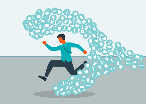 Office worker, businessman, running away from a large stream of emails and messages. Vector illustration.