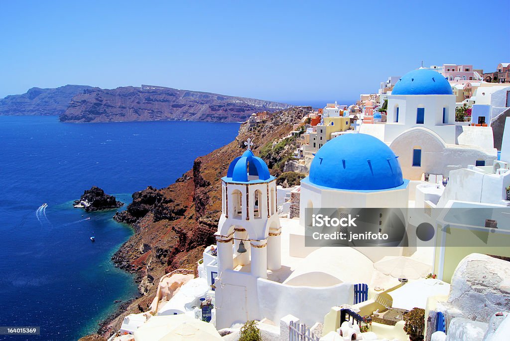 Blue and white churches of Oia, Santorini, Greece Blue and white churches of Oia village, Santorini, Greece Aegean Sea Stock Photo