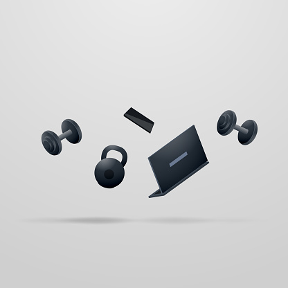 Sports equipment, dumbbells and kettlebell, smartphone and laptop levitate. Vector illustration.