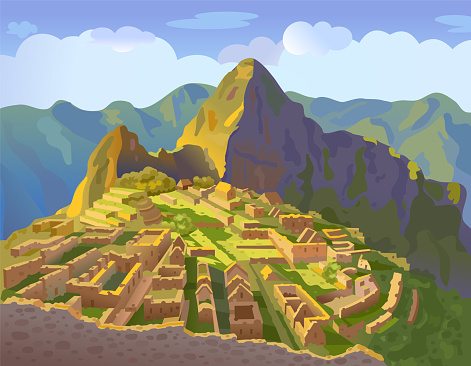 Machu Picchu in Peru. Historical landmark. City of the world countries vacation travel landmarks. South America. Vector illustration