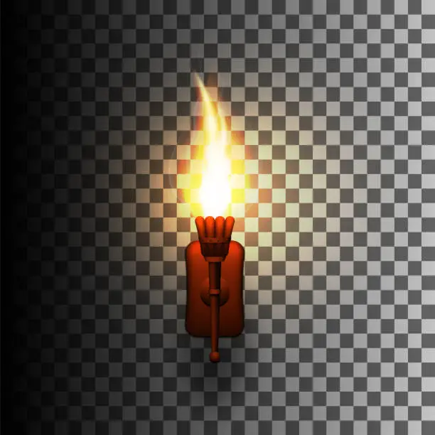 Vector illustration of Realistic torch with fire on the wall.