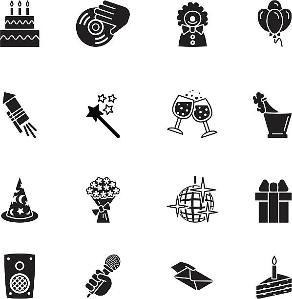 birthday icons set sixteen birthday icons isolated on white hand holding microphone icon stock illustrations