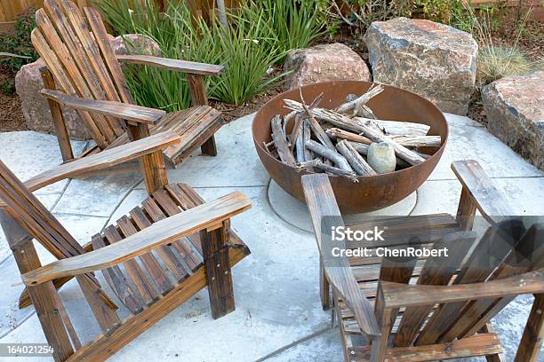 Residential Backyard Fire Pit Stock Photo - Download Image Now - Fire Pit, Patio, Stone - Object