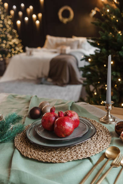 Serving a festive Christmas table in Scandinavian style. Decor on the table before the holiday. stock photo