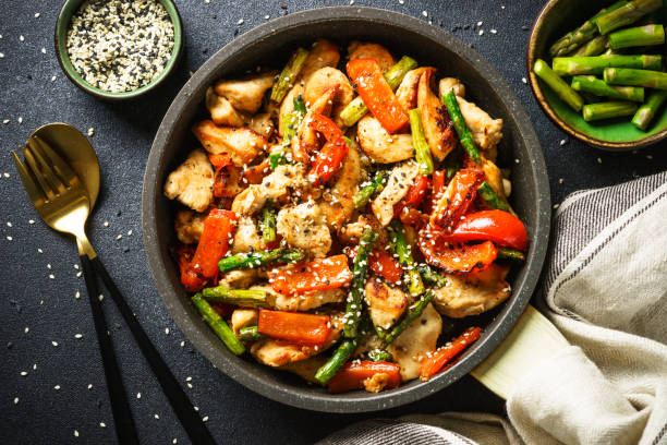 istock Chicken stir fry with vegetables at stone background. 1640244502