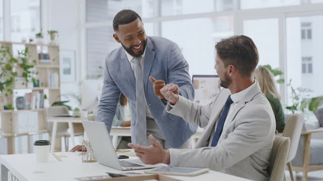 Business people, fist bump and teamwork in office for accounting, financial success and manager motivation. Professional men on computer for profit success, training goals and hands together in sales
