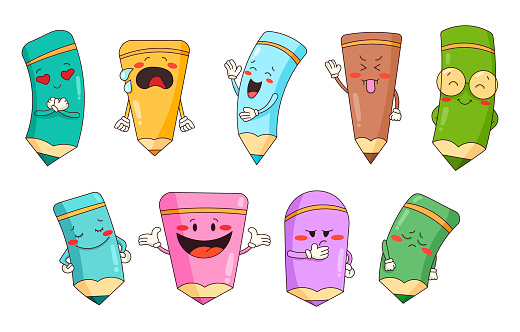 Pencil character cartoon. Different emotions school subject. Vector drawing. Collection of design elements.