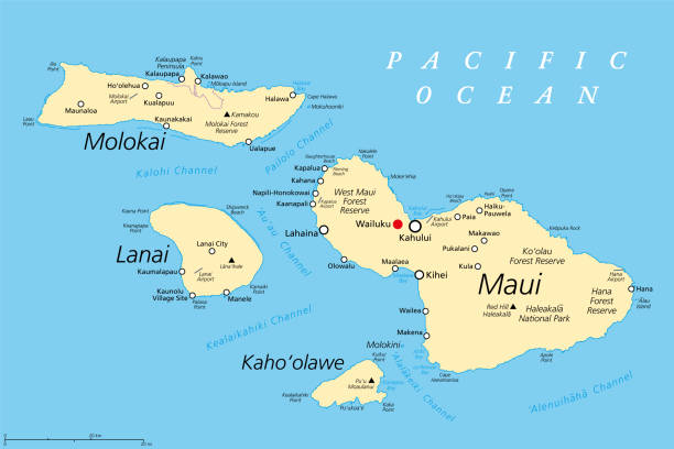Maui County in the U.S. state Hawaii, political map, with Wailuku as seat Maui County in the U.S. state Hawaii, political map, with Wailuku as seat. Consisting of the islands of Maui, Lanai, Molokai, Kahoolawe and Molokini. With Kalawao County on the north coast of Molokai. kihei stock illustrations