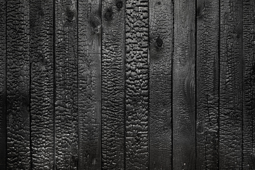 Texture  Background of burned black wood planks used as wall decoration