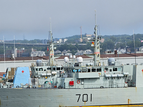 Halifax, NS, CAN, 8.13.2023 - A military vessel docked at a wharf in down town Halifax, Nova Scotia.