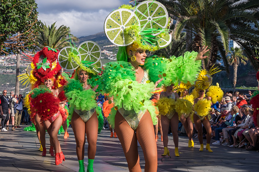 Tenerife, Canary islands - February 25, 2023: Dancers parading through the city of Puerto de la Cruz, during Carnival