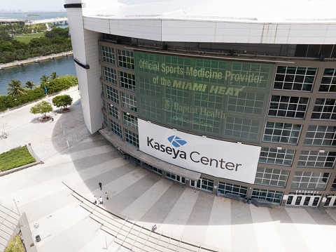 Miami, FL, USA - August 22, 2023: Aerial photo Kaseya Center sports arena Miami