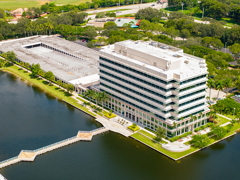Plantation, FL, USA - August 24, 2023: Aerial drone photo of Morgan Stanley Financial Advisors building Plantation Florida