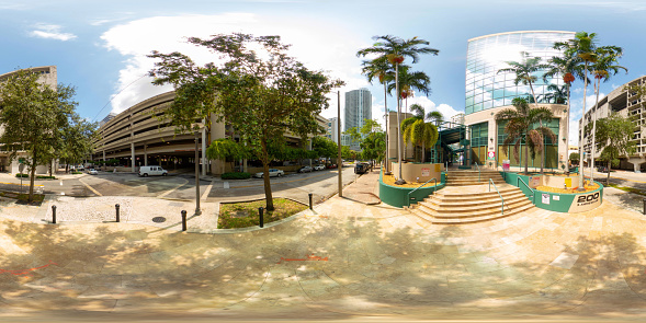 Fort Lauderdale, FL, USA - August 25, 2023: Downtown fort Lauderdale 360 equirectangular photo office buildings and parking garages