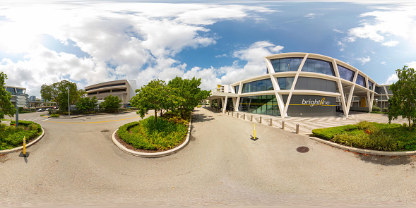 Fort Lauderdale, FL, USA - August 25, 2023: Downtown fort Lauderdale 360 equirectangular photo Brightline high speed train station