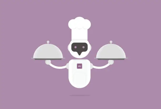 Vector illustration of Robot wear chef hat and hold a food cloche for AI in food industry concept, Gourmet innovation robot culinary artistry in the future of food industry