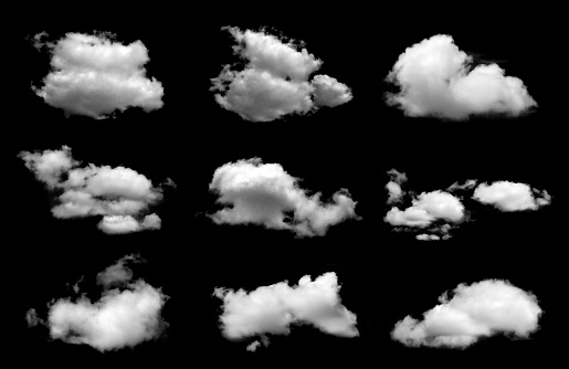 Collection of abstract white clouds or fog. Black background.