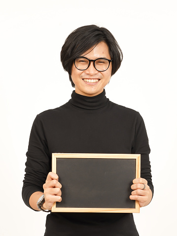 Showing, Presenting and holding Blank Blackboard Of Handsome Asian Man Isolated On White Background