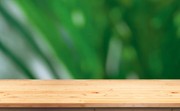 istock Empty wooden tabletop on blurred green foliage background for product mockup display presentation 1640295397