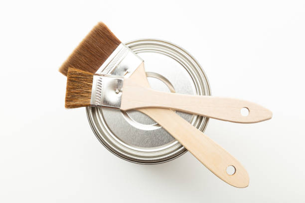 istock Paint brushes and paint cans on white background. 1640310280