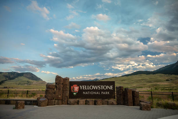 istock Yellowstone National Park Sign Below Cloudy Sky 1640311068
