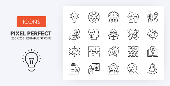 Creative ideas and solutions, thin line icon set. Outline symbol collection. Editable vector stroke. 256x256 Pixel Perfect scalable to 128px, 64px...