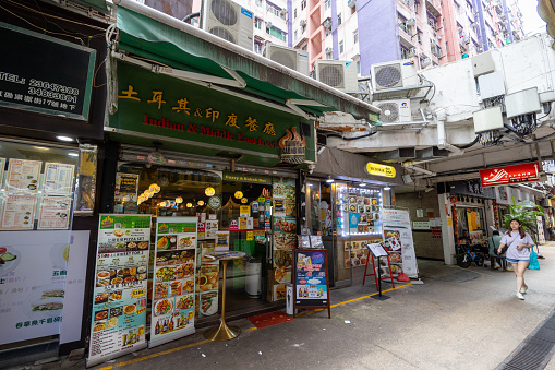 Hong Kong - August 26, 2023 : Restaurants at Sung Kit Street in Hung Hom, Kowloon, Hong Kong. Many restaurants serving a wide variety of cuisines.