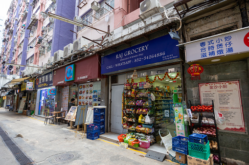 Hong Kong - August 26, 2023 : Shops at Sung Kit Street in Hung Hom, Kowloon, Hong Kong.