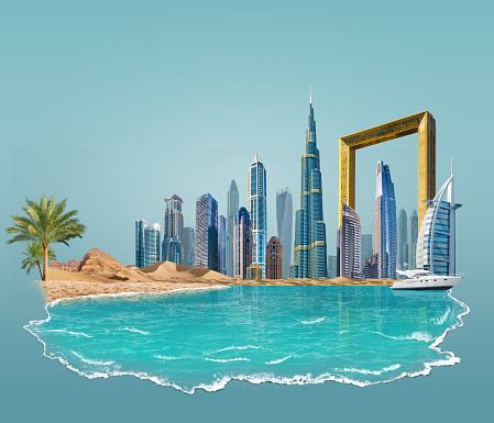 3d illustration of Dubai beach isolated. beach mock up. urban skyline on background, sea waves.