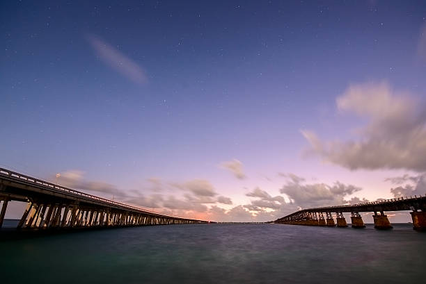 Bridges of Florida Keys under night sky stock photo