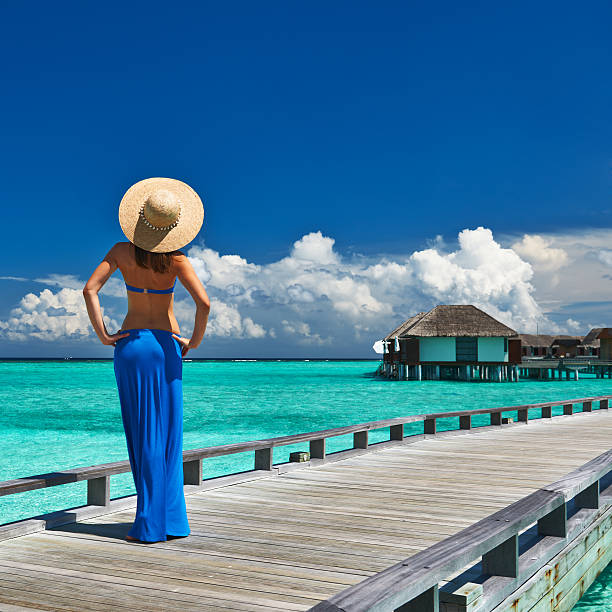 istock Woman on a beach jetty at Maldives 164034675
