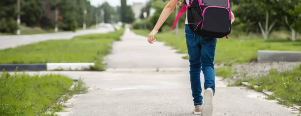 istock Little girl with backpack going to school, back view. Back to school 1640348671
