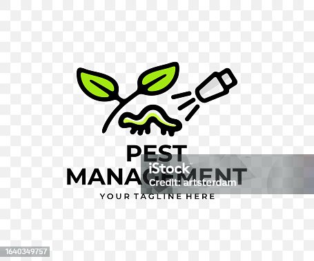 istock Pest management, spraying pesticide, sprayer, colored graphic design. Plant, agriculture, pest spray, insects and caterpillar, vector design and illustration 1640349757