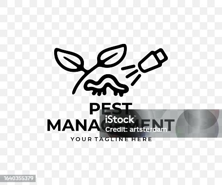 istock Pest management, spraying pesticide, sprayer, linear graphic design. Plant, agriculture, pest spray, insects and caterpillar, vector design and illustration 1640355379