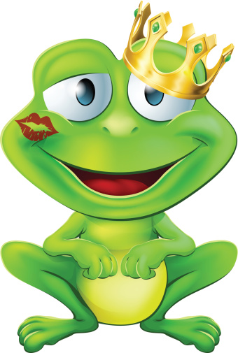 An illustration of a cute frog cartoon character wearing a gold crown with a red lipstick mark on his lips form a kiss. Vector file is eps 10 and uses transparency blends and gradient mesh